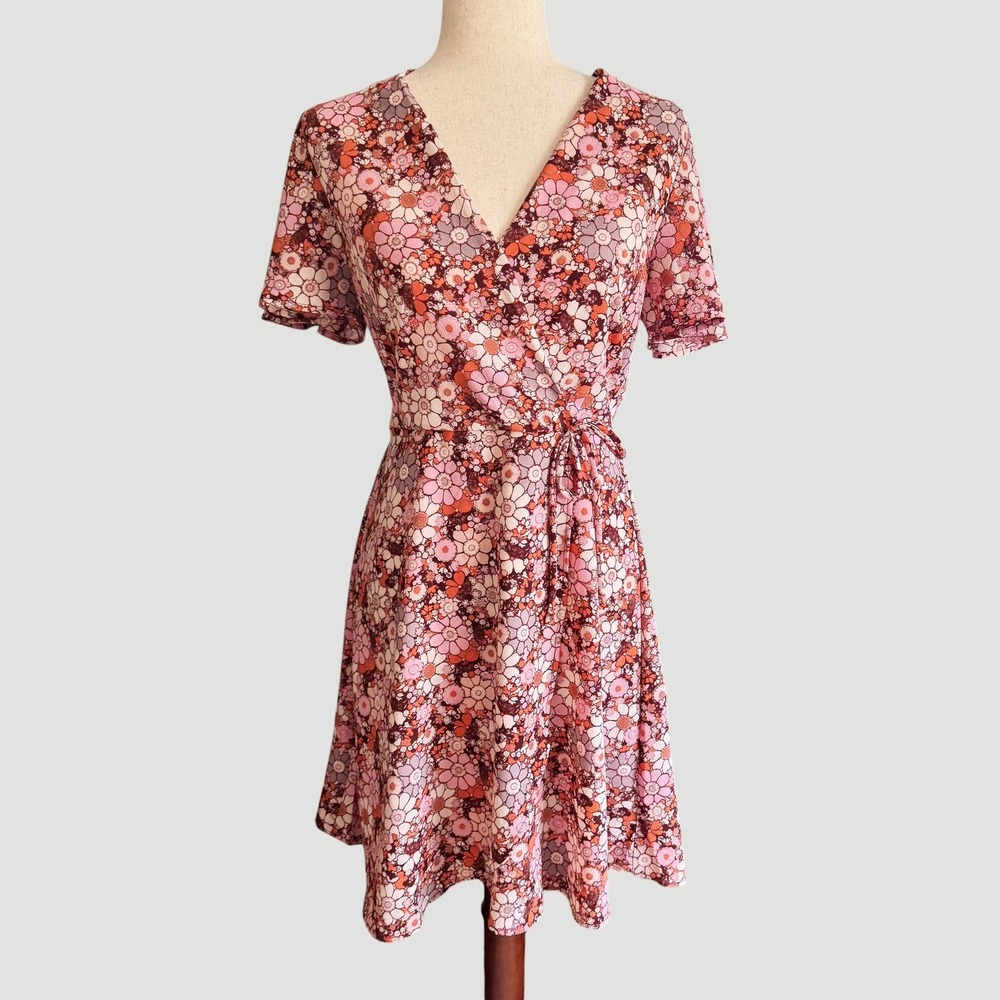 Monteau Los Angeles Floral 70s Retro Wrap Dress Pink Orange Size M cottagecore